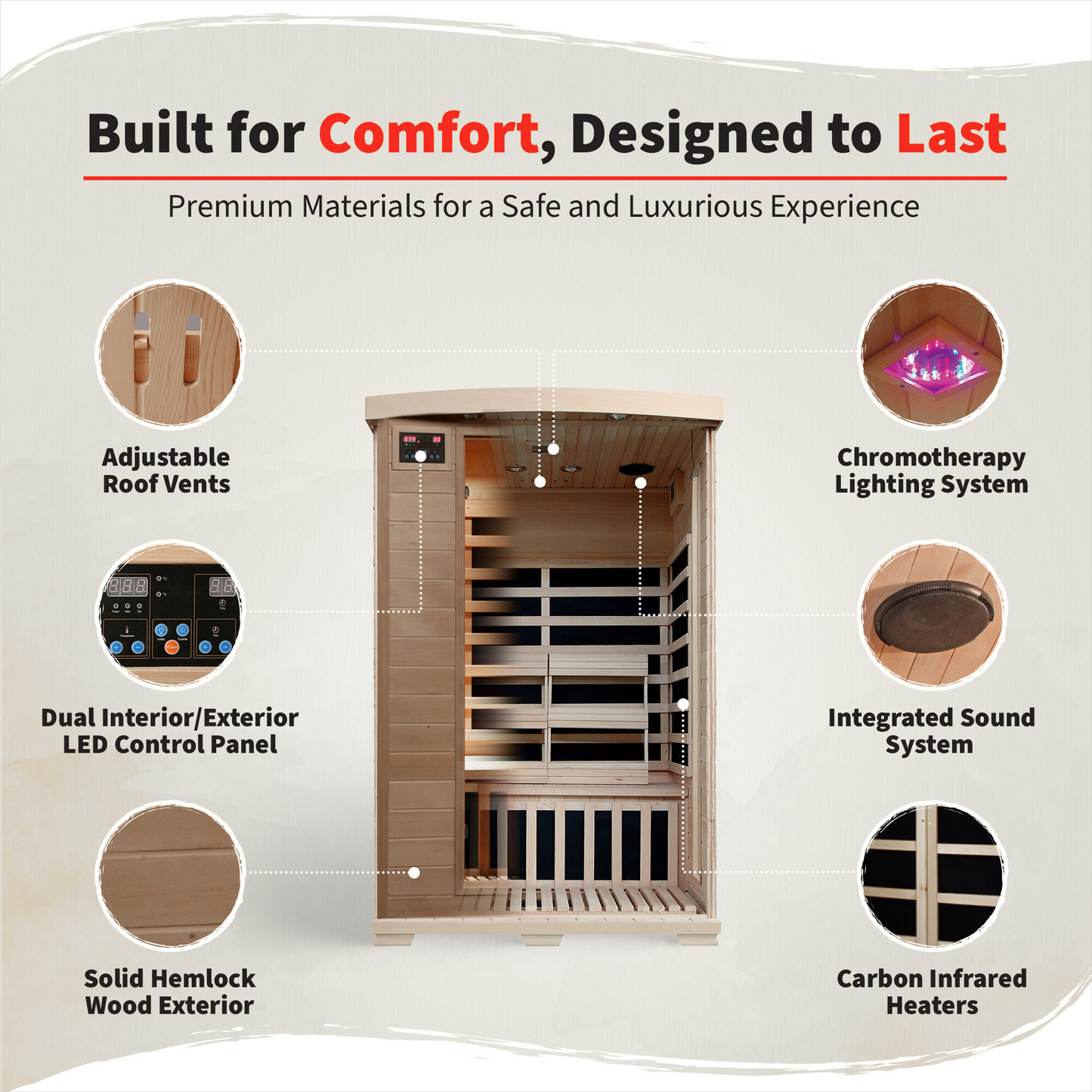 Coronado 2-Person Deluxe Low-EMF Carbon Infrared Sauna | Canadian Hemlock