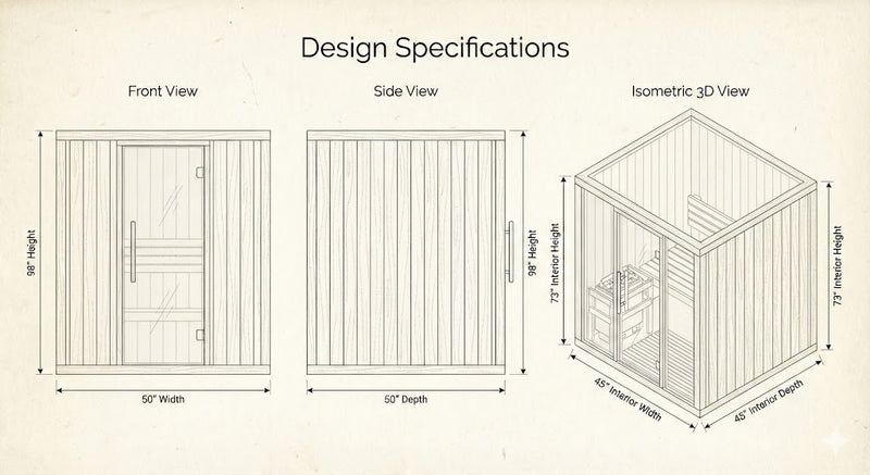 SunRay Eagle 2-Person Outdoor Traditional Sauna | 4.5kW Harvia Heater | Hemlock Dimensions Diagram