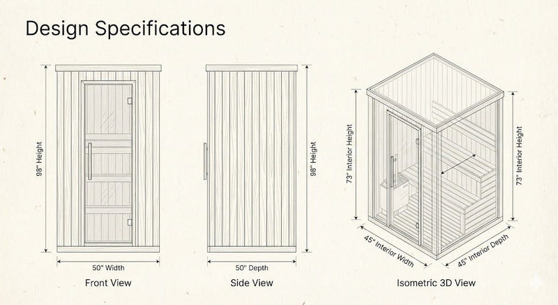 SunRay Bristow 2-Person Outdoor Traditional Sauna | 4.5kW Harvia Heater | Hemlock Dimensions Diagram