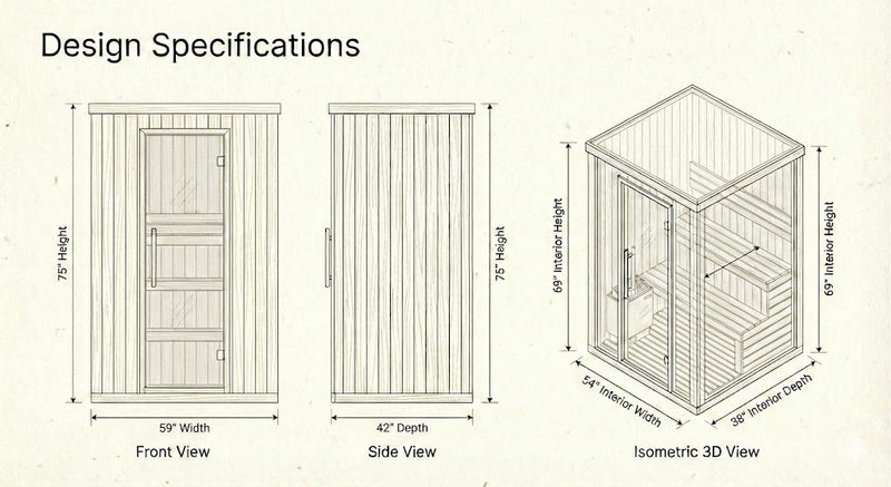 SunRay Rockledge 2-Person Traditional Sauna | 4.5kW Harvia Heater | Stone Wall Dimensions Diagram