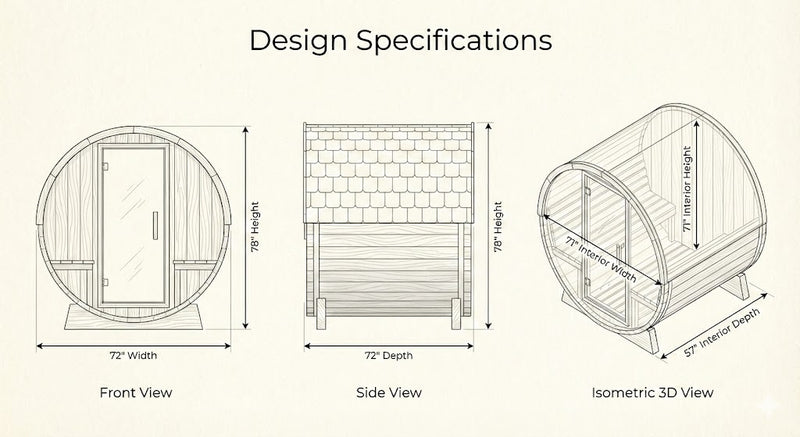 SunRay Oasis 4-Person Canopy Barrel Sauna Dimensions Diagram