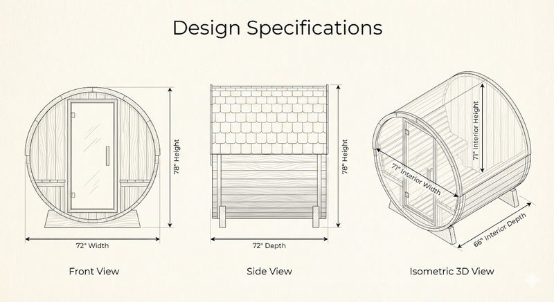 SunRay Aurora 4-Person Traditional Barrel Sauna Dimensions Diagram