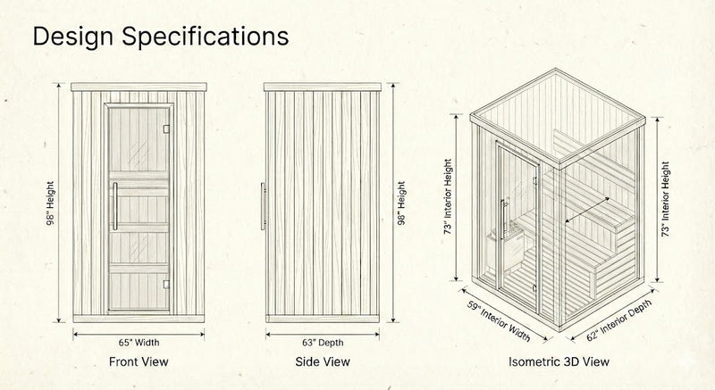 SunRay Waverly 3-Person Outdoor Traditional Sauna | 4.5kW Harvia Heater | Hemlock Dimensions Diagram