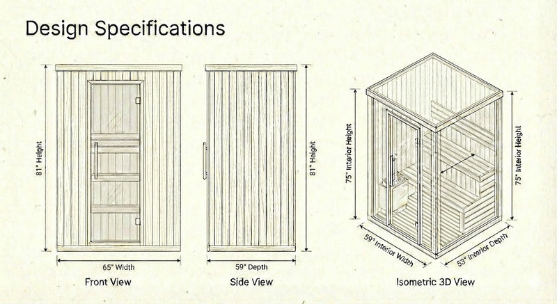 SunRay Seneca 3-Person Outdoor Traditional Sauna | 6kW Harvia Heater | Red Cedar Dimensions Diagram