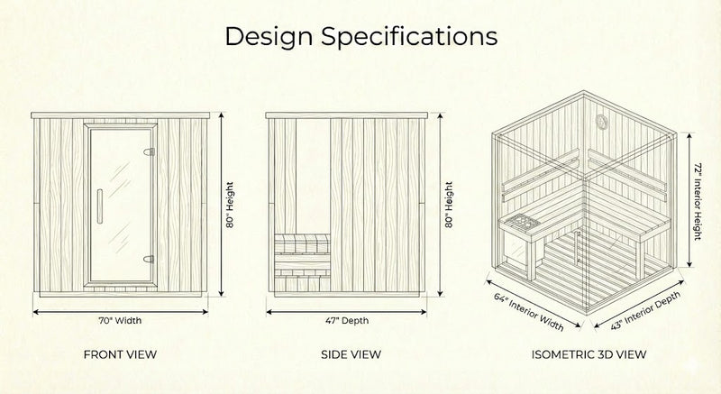 SunRay Hampton 3-Person Traditional Sauna Dimensions Diagram