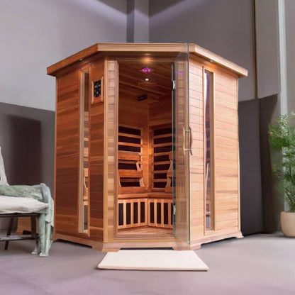 SunRay Bristol Bay 4-Person Corner Infrared Sauna | 10 Carbon Heaters | Cedar