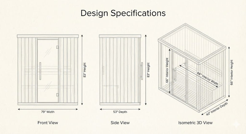 SunRay Cayenne 4-Person Outdoor Infrared Sauna | Ceramic Heaters | Weatherproof Dimensions Diagram