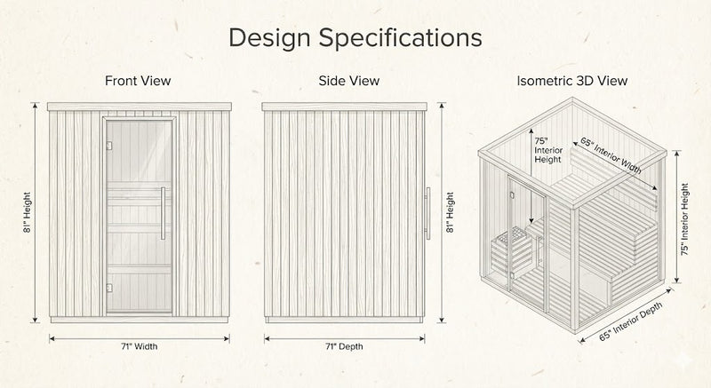 SunRay Denali 400D5 4-Person Outdoor Sauna | 6kW Harvia Heater | Red Cedar Dimensions Diagram