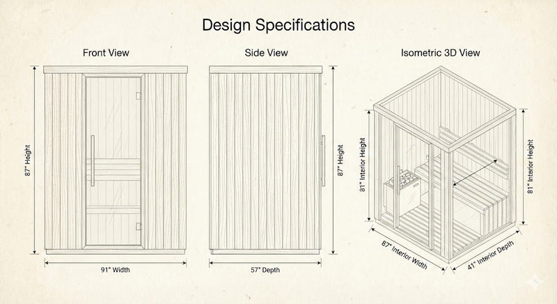 SunRay Pacific 4-Person Outdoor Infrared Sauna | 8 Heaters | Metal Roof Dimensions Diagram