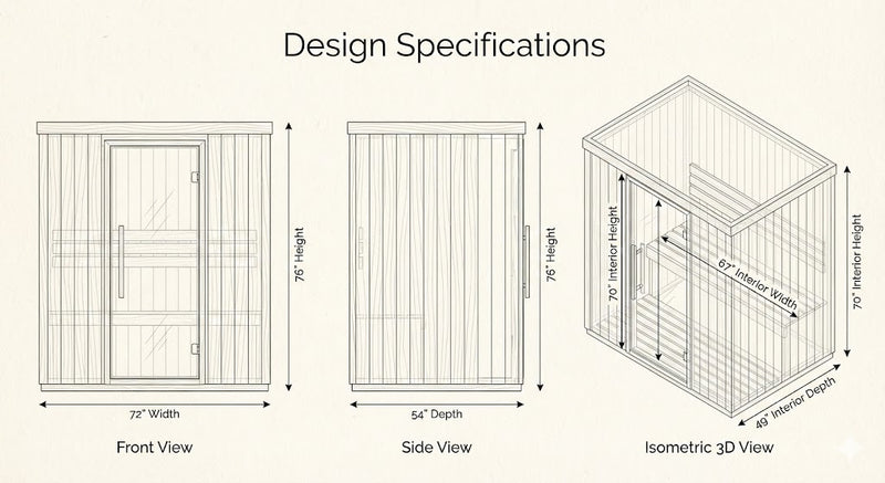 SunRay Roslyn 4-Person Infrared Sauna | 10 Carbon Heaters | Canadian Red Cedar Dimensions Diagram