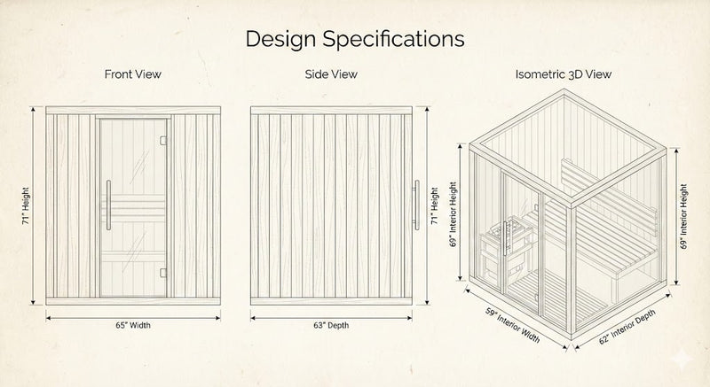 SunRay Tiburon 4-Person Traditional Sauna | 6.0kW Harvia Heater | Canadian Hemlock Dimensions Diagram