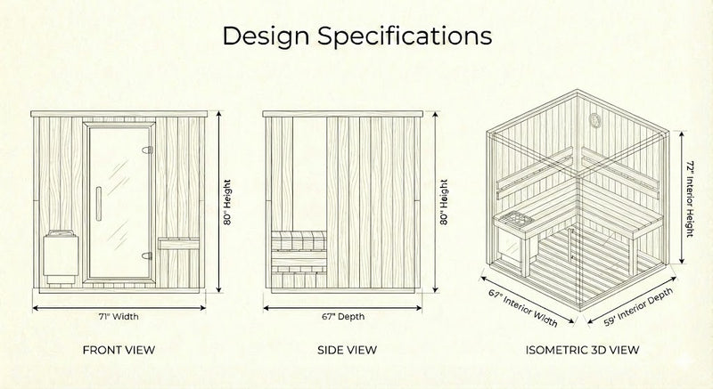 SunRay Charleston 4-Person Traditional Sauna Dimensions Diagram