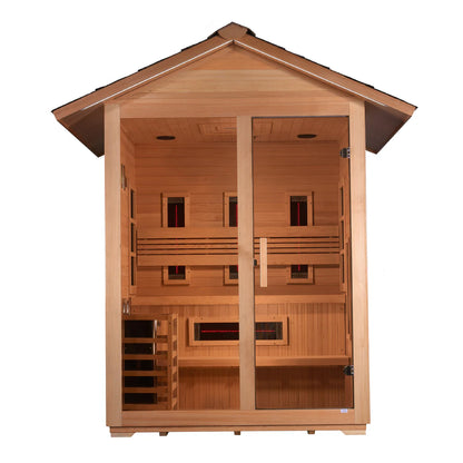 Golden Designs Carinthia 3 Person Hybrid (PureTech™ Full Spectrum IR or Traditional Stove) Outdoor Sauna – Canadian Hemlock GDI-8123-01