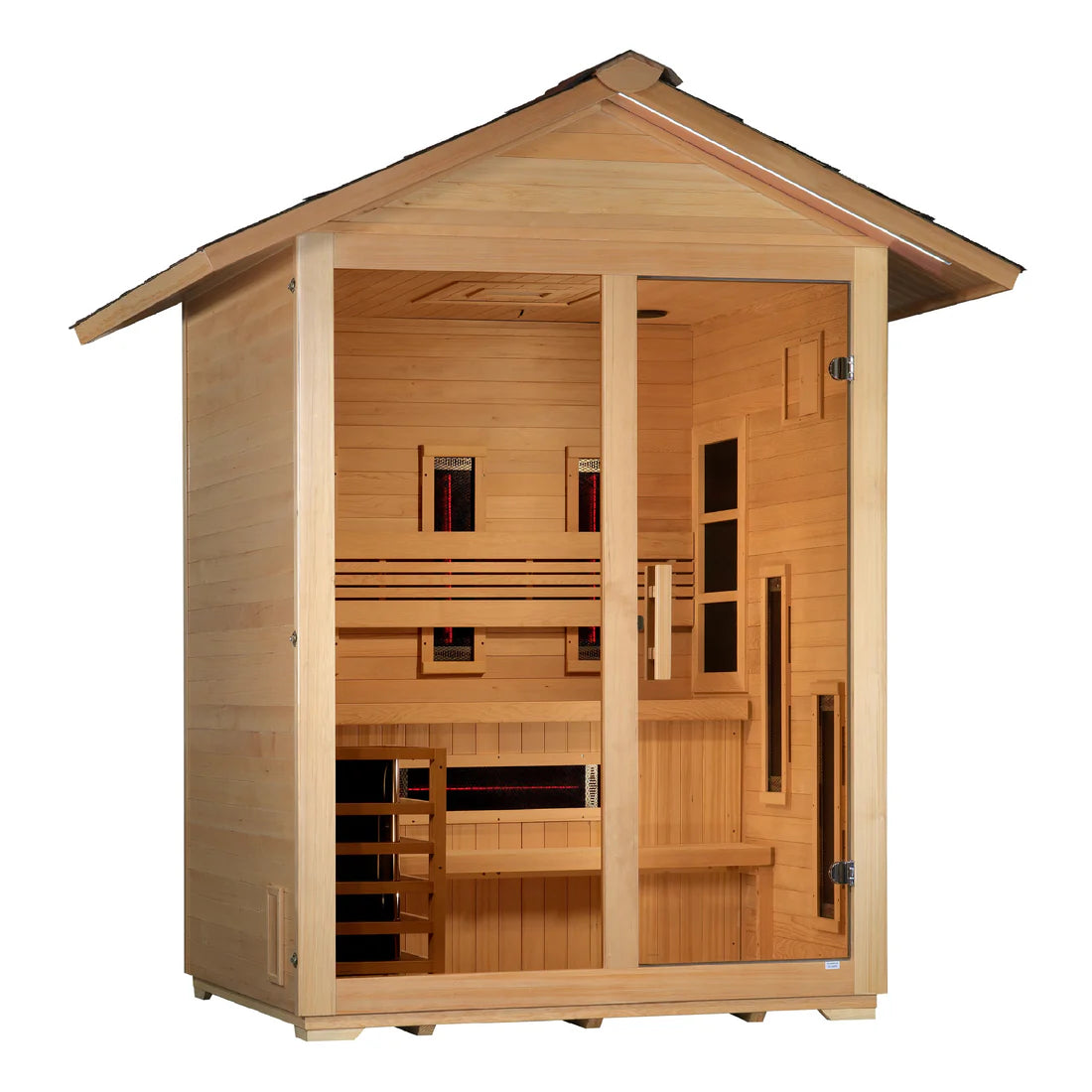 Golden Designs Carinthia 3 Person Hybrid (PureTech™ Full Spectrum IR or Traditional Stove) Outdoor Sauna – Canadian Hemlock GDI-8123-01