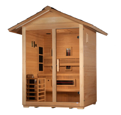 Golden Designs Carinthia 3 Person Hybrid (PureTech™ Full Spectrum IR or Traditional Stove) Outdoor Sauna – Canadian Hemlock GDI-8123-01
