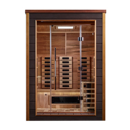 Golden Designs Nora 2 Person Outdoor-Indoor PureTech™ Hybrid Full Spectrum Sauna – Canadian Red Cedar Interior GDI-8222-01
