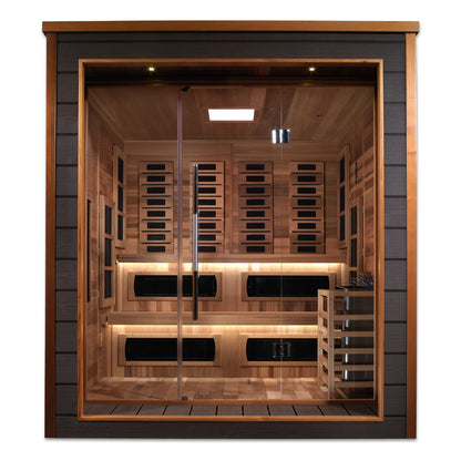 Golden Designs Karlstad 6 Person Outdoor-Indoor PureTech™ Hybrid Full Spectrum Sauna – Canadian Red Cedar Interior GDI-8226-01