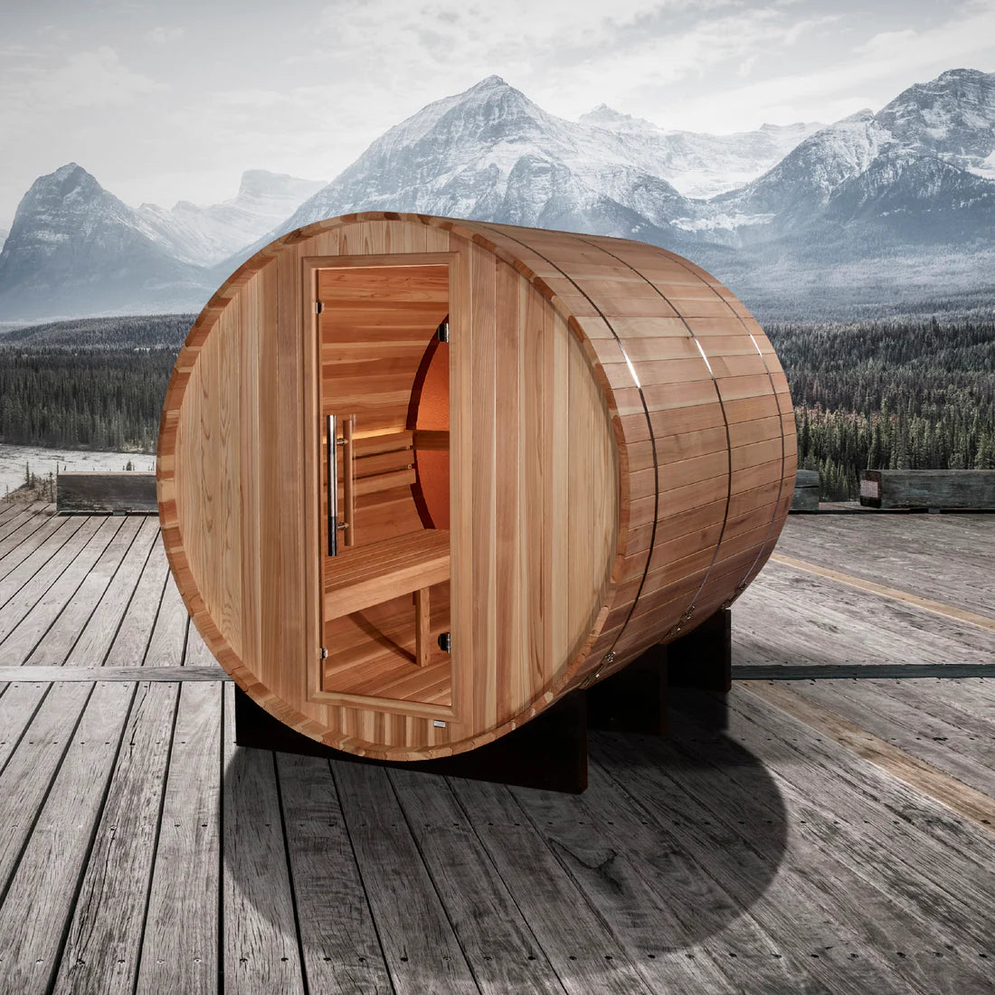 Golden Designs Zurich 4 Person Barrel with Bronze Privacy View – Traditional Sauna – Pacific Cedar GDI-B024-01