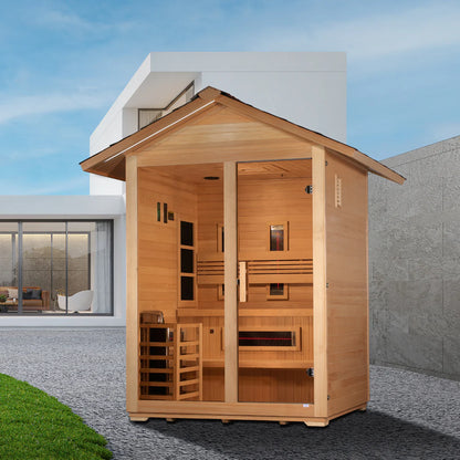Golden Designs Carinthia 3 Person Hybrid (PureTech™ Full Spectrum IR or Traditional Stove) Outdoor Sauna – Canadian Hemlock GDI-8123-01