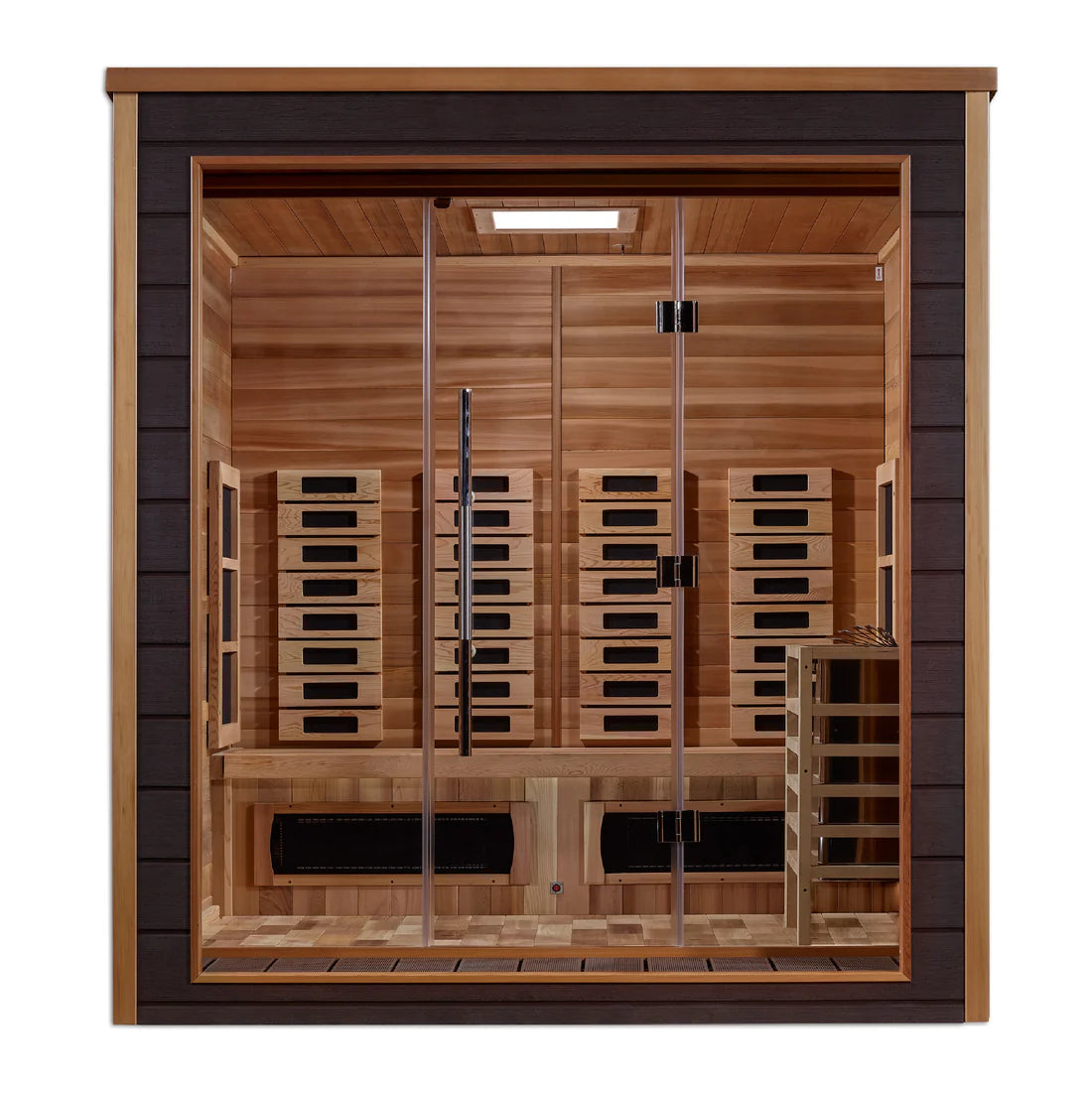 Golden Designs Visby 3 Person Outdoor-Indoor PureTech™ Hybrid Full Spectrum Sauna – Canadian Red Cedar Interior GDI-8223-01