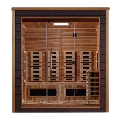 Golden Designs Visby 3 Person Outdoor-Indoor PureTech™ Hybrid Full Spectrum Sauna – Canadian Red Cedar Interior GDI-8223-01