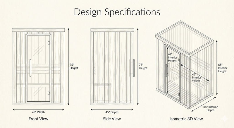 SunRay Sierra 2-Person Infrared Sauna | 7 Carbon Heaters | Canadian Red Cedar Dimensions Diagram