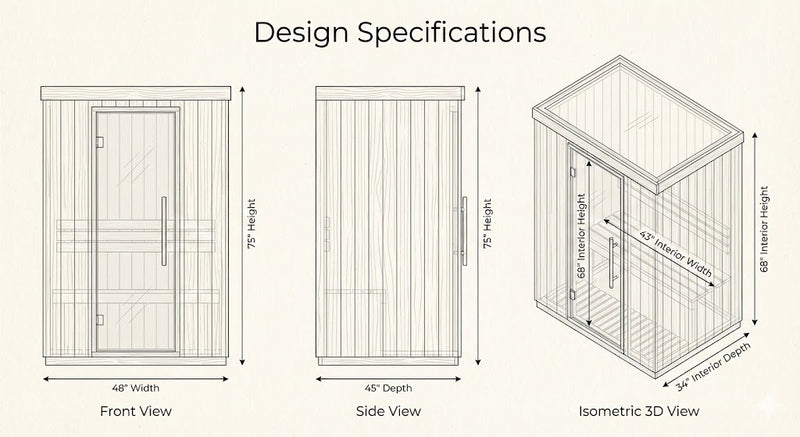 SunRay Evansport 2-Person Infrared Sauna | 7 Carbon Heaters | Canadian Red Cedar Dimensions Diagram
