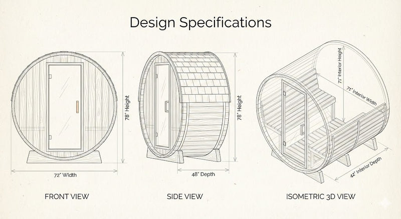 SunRay Solace 2-Person Traditional Barrel Sauna Dimensions Diagram