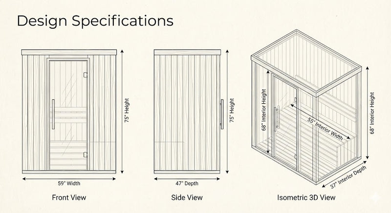 SunRay Savannah 3-Person Infrared Sauna | 7 Carbon Heaters | Canadian Red Cedar Dimensions Diagram