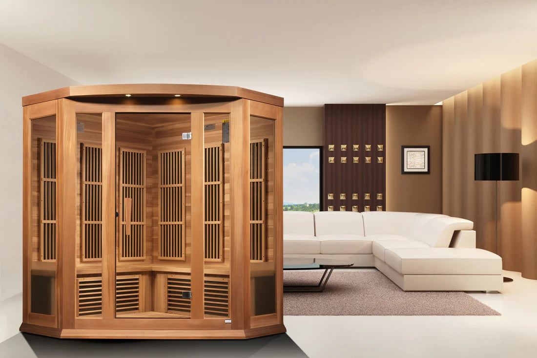 Maxxus Avignon 3-Person Low EMF FAR Infrared Corner Sauna — Canadian Red Cedar (MX-K356-01 CED)