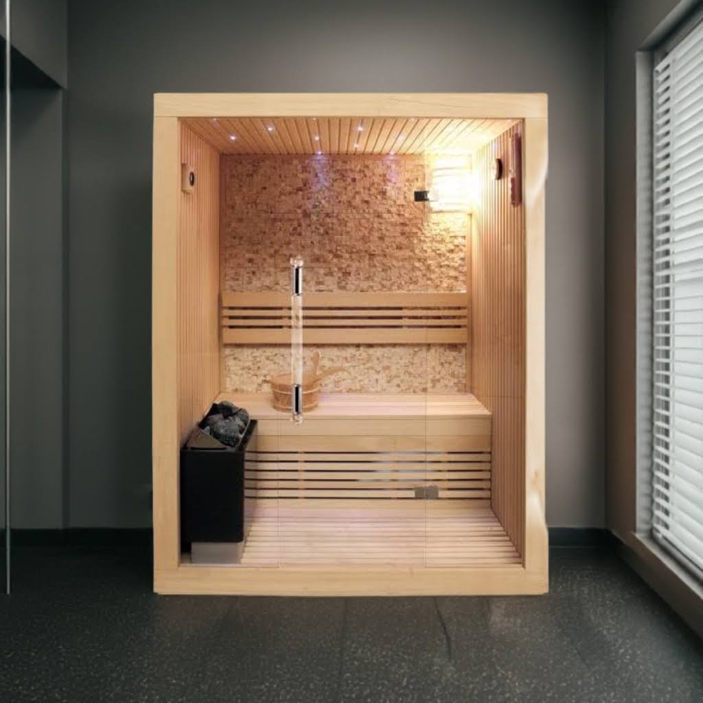 SunRay Rockledge 2-Person Traditional Sauna | 4.5kW Harvia Heater | Stone Wall