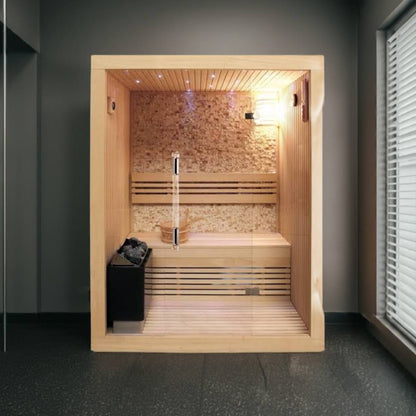 SunRay Rockledge 2-Person Traditional Sauna | 4.5kW Harvia Heater | Stone Wall