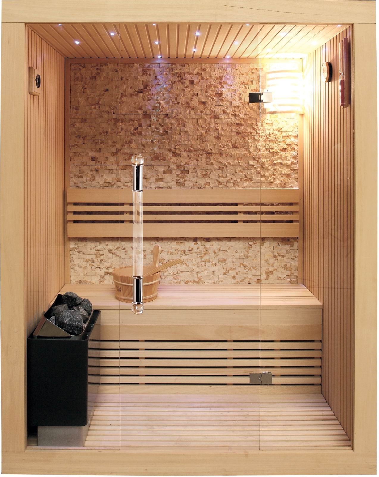 SunRay Rockledge 2-Person Traditional Sauna | 4.5kW Harvia Heater | Stone Wall