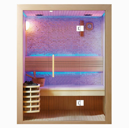 Modern indoor sauna with LED lighting, glass doors, wooden bench and heater, Tenet Recovery