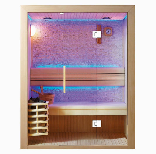 Modern indoor sauna with LED lighting, glass doors, wooden bench and heater, Tenet Recovery