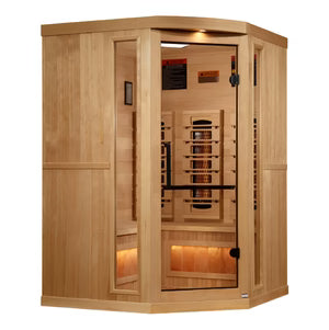 Golden Designs Big Bang 3-Person Corner Full-Spectrum Near-Zero EMF Infrared Sauna — Himalayan Salt Integrated (GDI-8035-03)