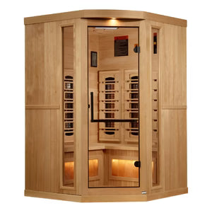 Golden Designs Big Bang 3-Person Corner Full-Spectrum Near-Zero EMF Infrared Sauna — Himalayan Salt Integrated (GDI-8035-03)