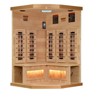 Golden Designs Big Bang 3-Person Corner Full-Spectrum Near-Zero EMF Infrared Sauna — Himalayan Salt Integrated (GDI-8035-03)
