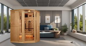 Golden Designs Big Bang 3-Person Corner Full-Spectrum Near-Zero EMF Infrared Sauna — Himalayan Salt Integrated (GDI-8035-03)