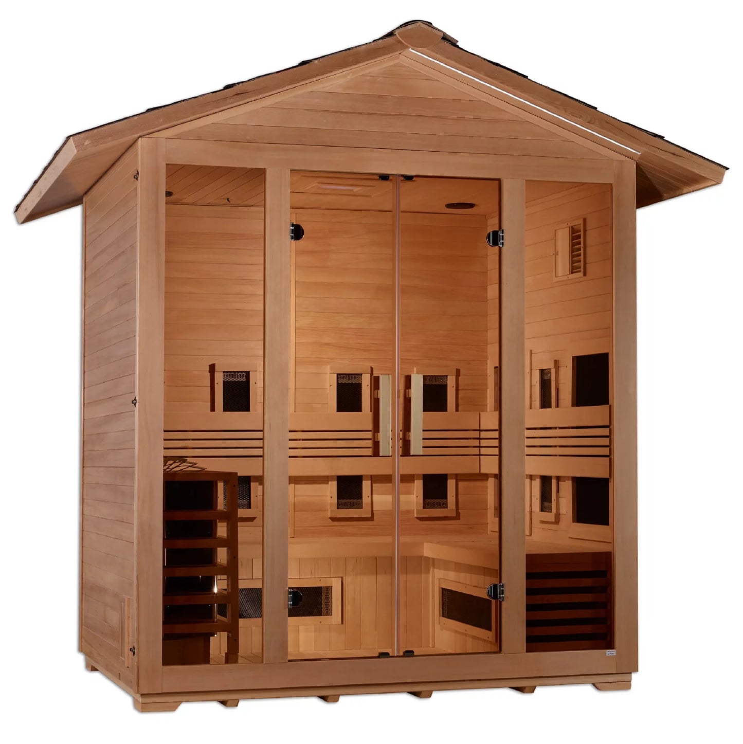 Golden Designs Gargellen 5-Person Hybrid Outdoor Sauna — Full-Spectrum Near-Zero EMF & Traditional Harvia (GDI-8125-01)