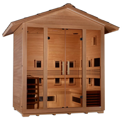 Golden Designs Gargellen 5-Person Hybrid Outdoor Sauna — Full-Spectrum Near-Zero EMF & Traditional Harvia (GDI-8125-01)