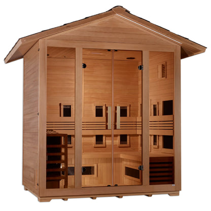 Golden Designs Gargellen 5-Person Hybrid Outdoor Sauna — Full-Spectrum Near-Zero EMF & Traditional Harvia (GDI-8125-01)