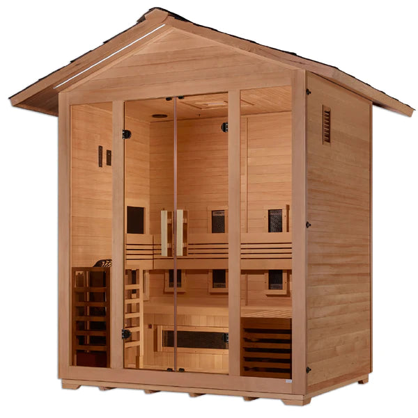 Golden Designs Gargellen 5-Person Hybrid Outdoor Sauna — Full-Spectrum Near-Zero EMF & Traditional Harvia (GDI-8125-01)
