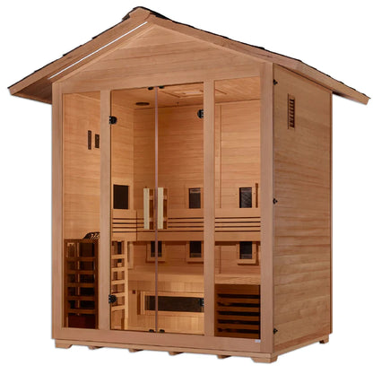 Golden Designs Gargellen 5-Person Hybrid Outdoor Sauna — Full-Spectrum Near-Zero EMF & Traditional Harvia (GDI-8125-01)