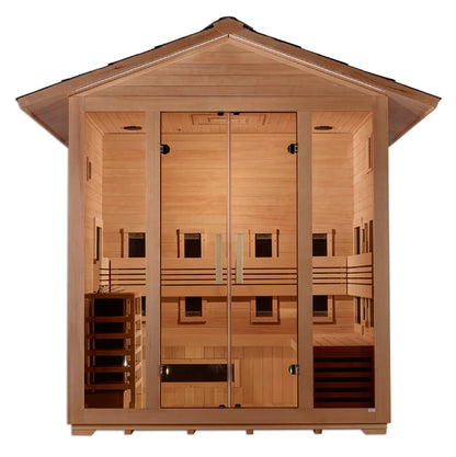 Golden Designs Gargellen 5-Person Hybrid Outdoor Sauna — Full-Spectrum Near-Zero EMF & Traditional Harvia (GDI-8125-01)