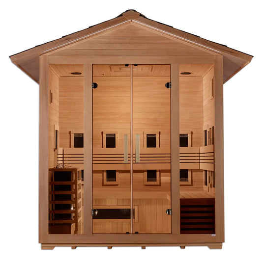 Golden Designs Gargellen 5-Person Hybrid Outdoor Sauna — Full-Spectrum Near-Zero EMF & Traditional Harvia (GDI-8125-01)