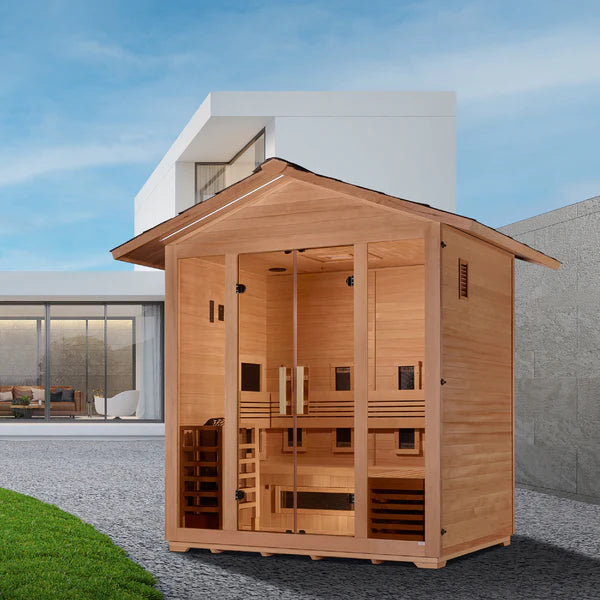 Golden Designs Gargellen 5-Person Hybrid Outdoor Sauna — Full-Spectrum Near-Zero EMF & Traditional Harvia (GDI-8125-01)