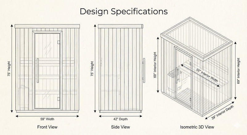 SunRay Baldwin 2-Person Traditional Sauna | 3kW Harvia Heater | Canadian Hemlock Dimensions Diagram