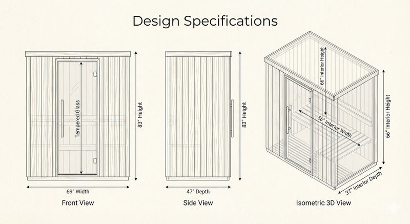 SunRay Grandby 3-Person Outdoor Infrared Sauna | Ceramic Heaters | Weatherproof Dimensions Diagram