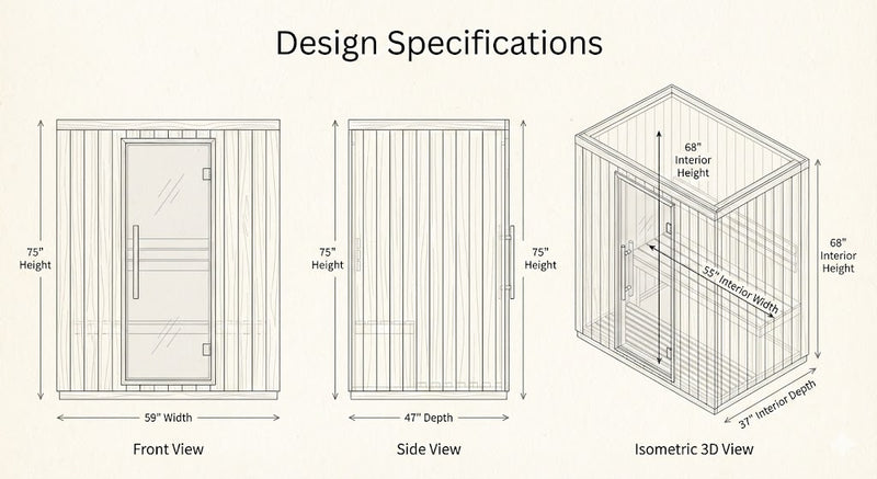 SunRay Aspen 3-Person Infrared Sauna | 8 Carbon Heaters | Canadian Hemlock Dimensions Diagram